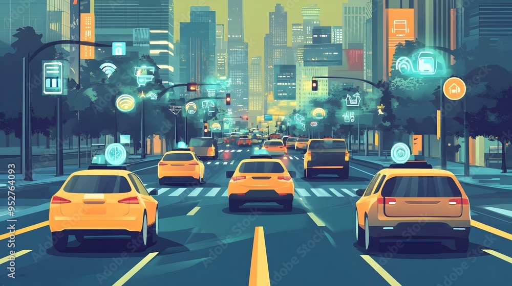 Poster innovative graphic depicting an iot based sensor network monitoring and analyzing traffic congestion