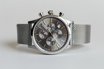 Stylish watch with metallic strap, white background, fashion timepiece