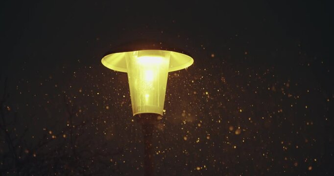 A street light candelabre lit up in the dark with snow is falling in slow moiton at night