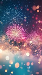 Fototapeta premium Fireworks explosion vertical framed clouds smoke on display show glowing festive holiday year during party pyrotechnics night sky colorful atmosphere