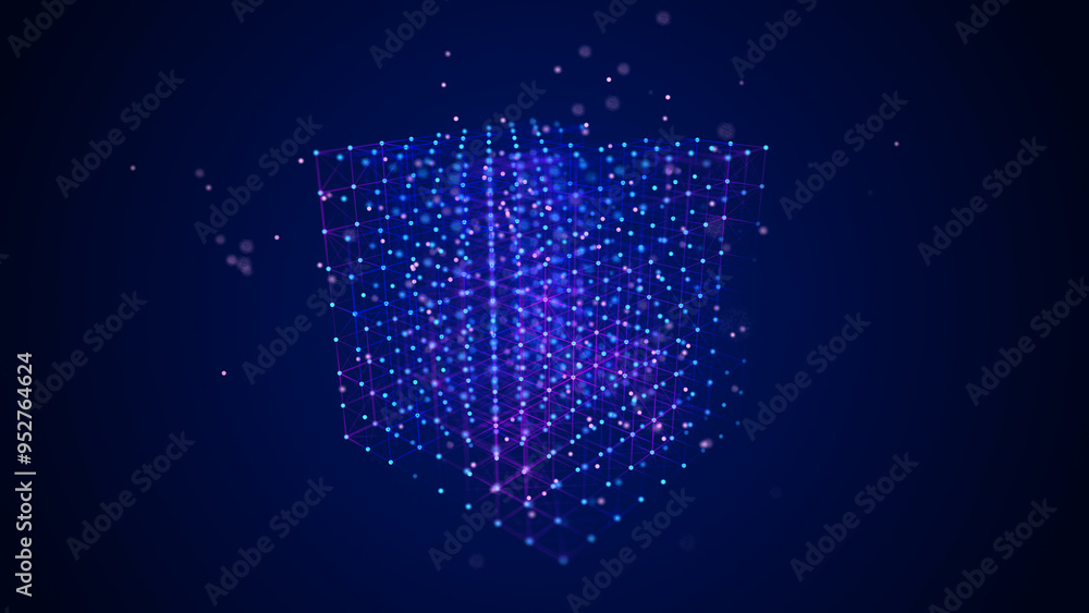 Poster Information storage cells. Abstract background with dots and lines. Network connection structure. Big data digital background. 3D rendering.