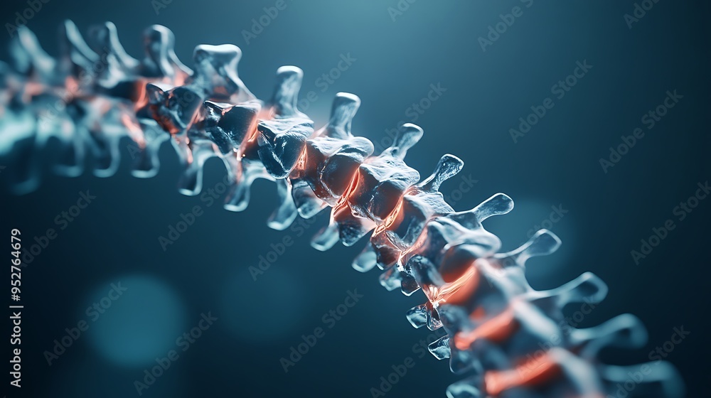 Poster 3d rendering of a human spine with an inflamed vertebra.