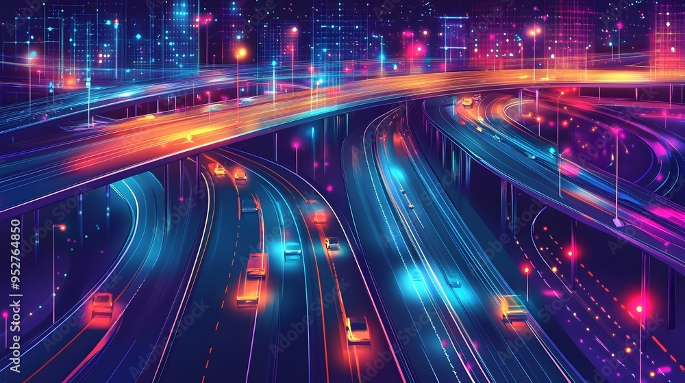 Poster graphic of a smart highway system with iot devices and sensors monitoring traffic flow vehicle speed