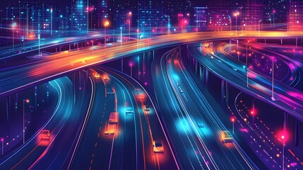 graphic of a smart highway system with IoT devices and sensors monitoring traffic flow vehicle speed and other critical infrastructure data to optimize urban transportation and mobility