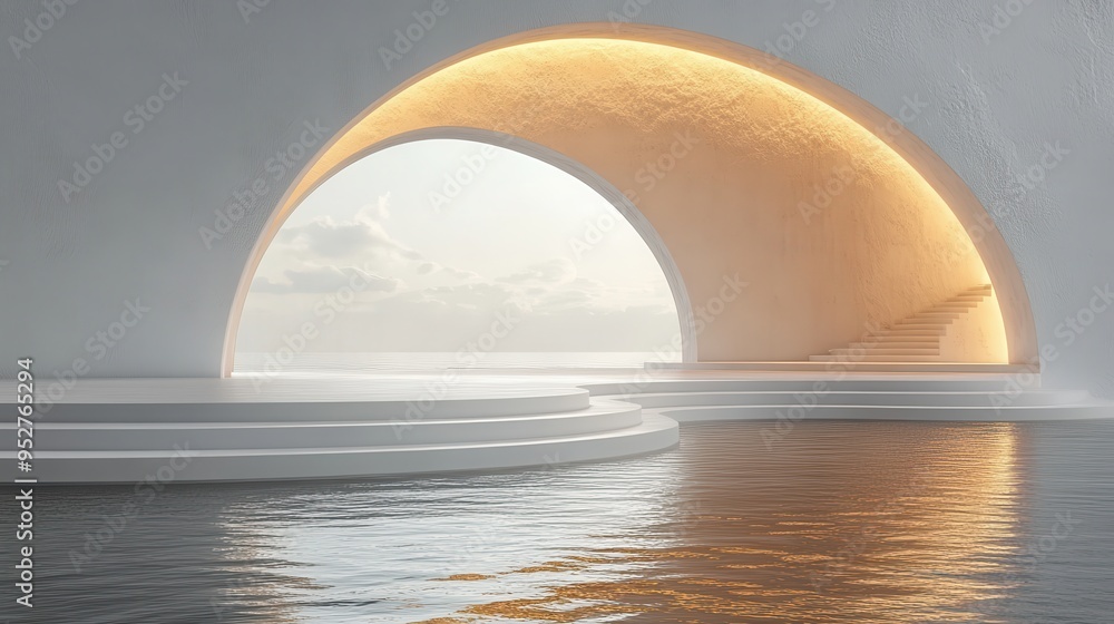 Poster 3d render of an abstract minimalist white background featuring an empty hemispheric stage for produc