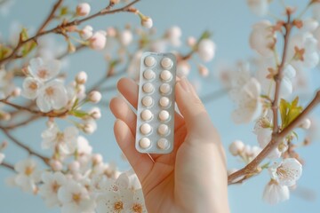 Female Hand Holding Blister Pack of Pills Amidst Blossoming Cherry Blossoms - Spring Health Concept