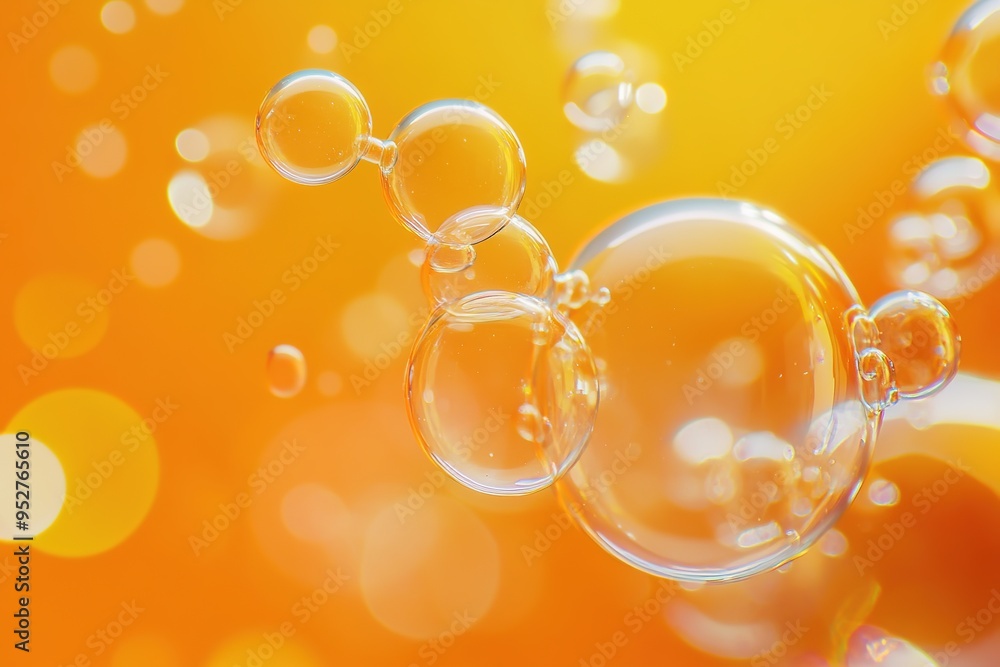Poster floating soap bubbles with orange bokeh background