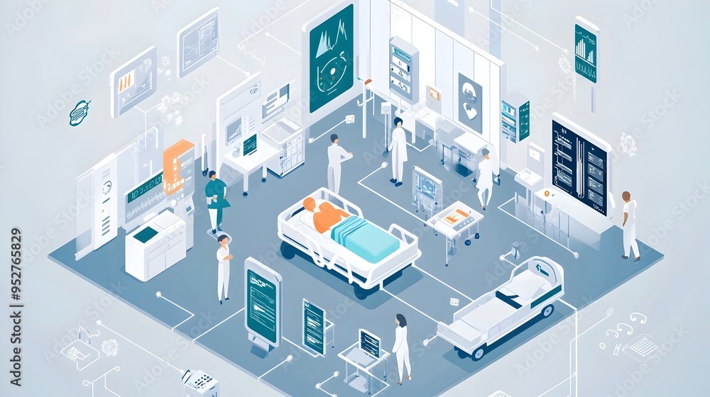 Poster of an iot powered patient monitoring system in a hospital setting showcasing digital technology data