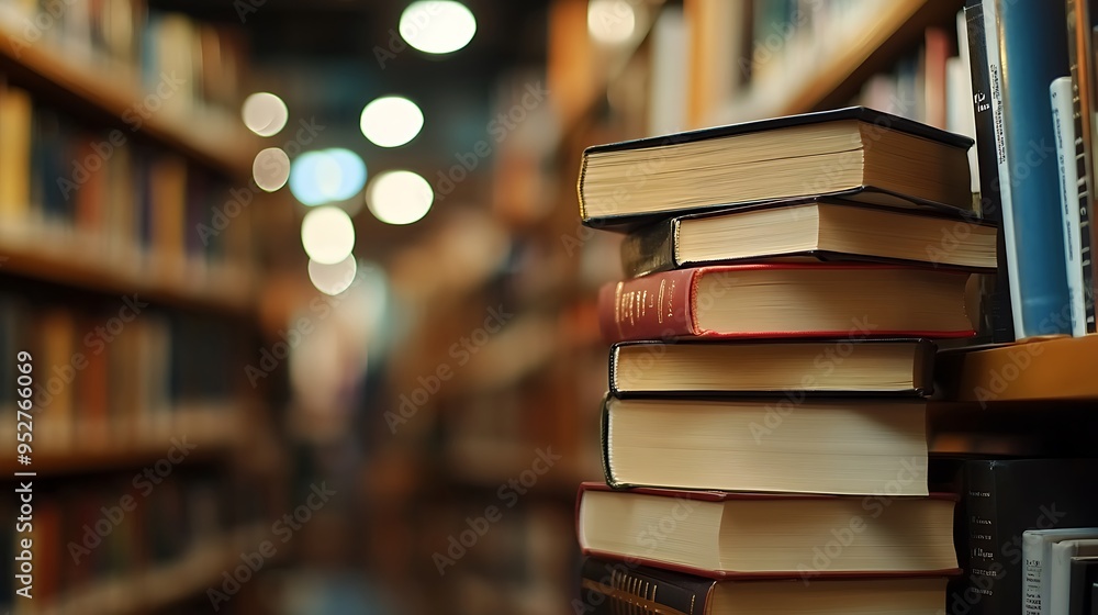 Aufkleber a stack of books on a shelf in a library.
