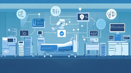 Innovative graphic depicting the of IoT Internet of Things technology to streamline the management and monitoring of medical equipment within hospital environments
