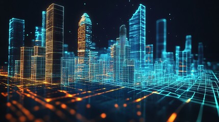 Digital Cityscape with Neon Lights and Wireframe Architecture