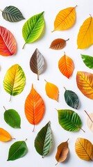 Obraz premium Colorful autumn leaves with different shades of yellow, orange, green, and brown laid flat on a white background.