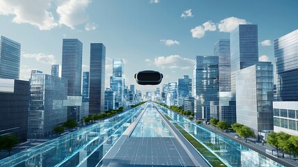 Futuristic Cityscape with a Flying Vehicle