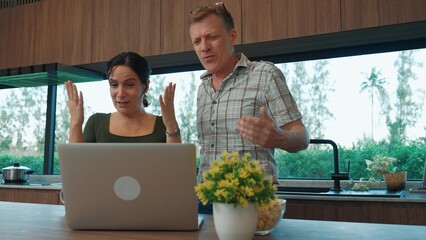 Lovely old marriage couple contact friend or relative through internet network with laptop ....