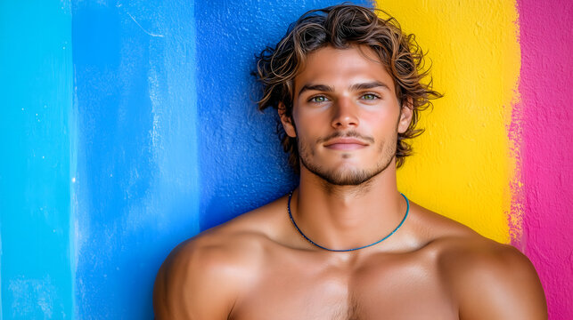 Retrato de hombre joven surfero con fondo colorido de arte abstracto