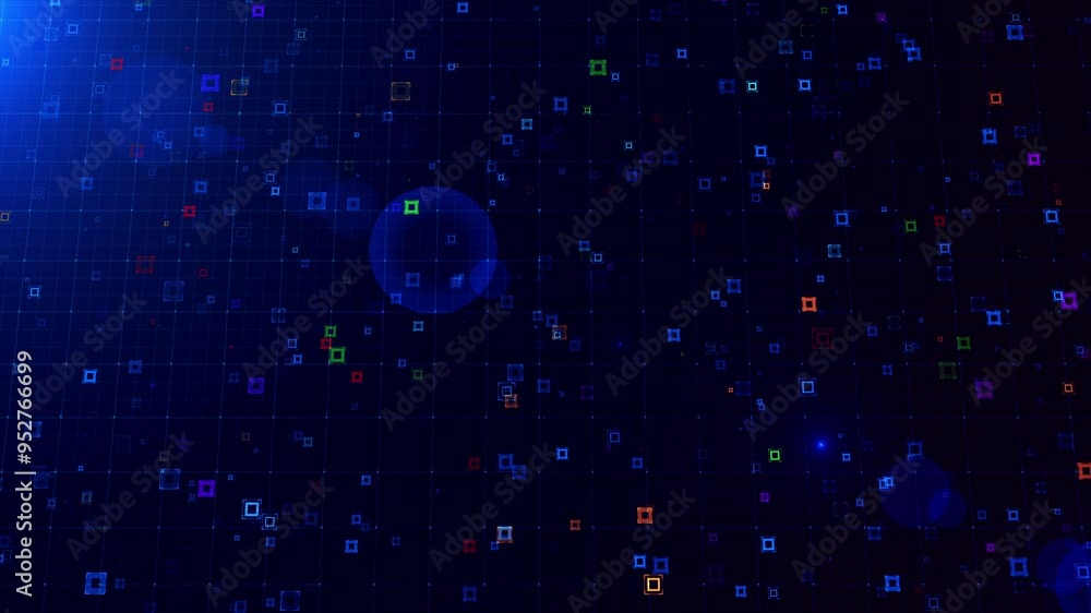 Poster abstract motion view digital grid with colorful floating squares, showcasing a deep perspective and 
