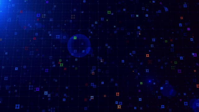 Abstract motion view digital grid with colorful floating squares, showcasing a deep perspective and vibrant bokeh effects on a dark blue, futuristic background.