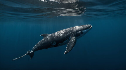 A baby humpback whale swimming close to the surface in clear blue water
