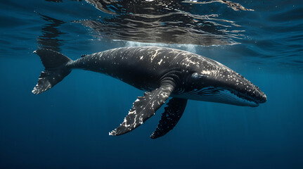 A baby humpback whale swimming close to the surface in clear blue water
