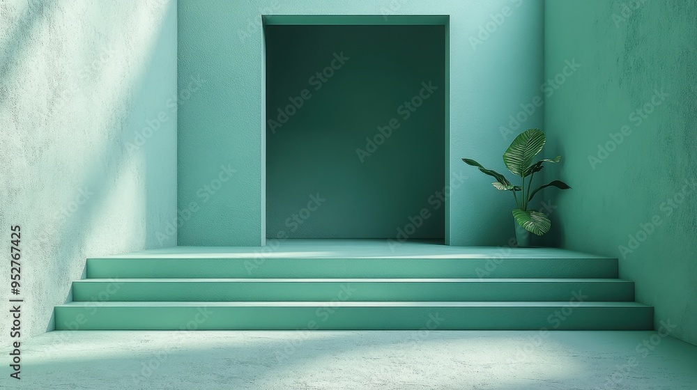 Poster abstract mint green 3d render geometric background modern minimal isometric frame with empty shelves
