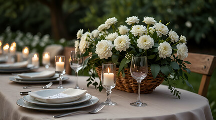 Elegant Outdoor Table Setting with White Flowers for Wedding Reception or Festive Event
