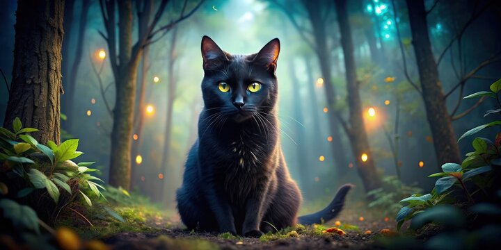 Mysterious black cat with glowing eyes in enchanted forest setting, Cheshire, mysterious, cat, forest, fantasy