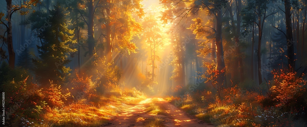 Poster golden light shines through the trees in a magical forest path.