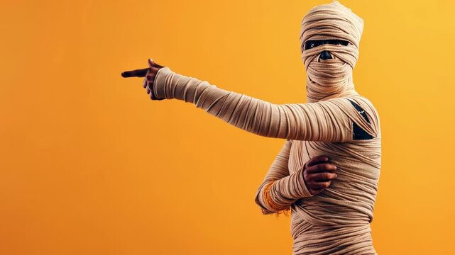 Slow motion shot f funny mummy halloween monster costume points away over orange background