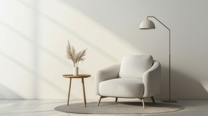 Minimalist living room with a single armchair, small side table, and floor lamp