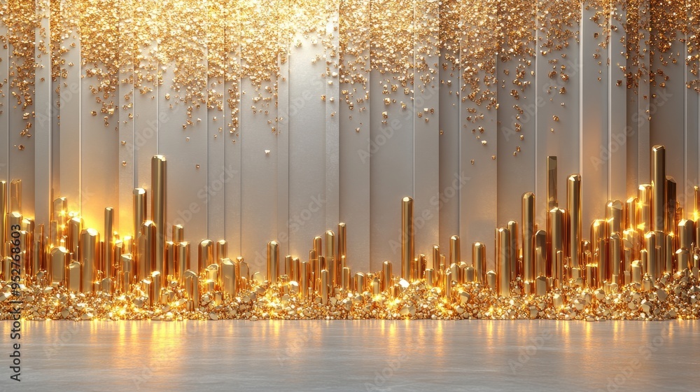 Poster 3d render of abstract modern background with isolated golden and crystal geometric vertical panels o