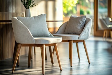 Elegant minimalist chairs with wooden legs, modern interior