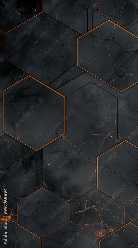 Poster A black and orange background with a pattern of hexagons
