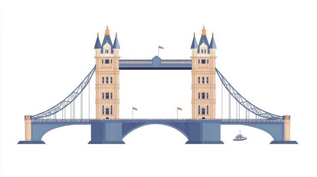 A parts diagram of the Tower Bridge, showing the towers, bascules, suspension cables, and pedestrian walkways, structural and iconic, flat , isolated on white background