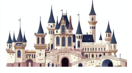 Obraz premium A parts diagram of a princesss castle, detailing the turrets, drawbridge, courtyard, and grand staircase, grand and ornate, flat , isolated on white background