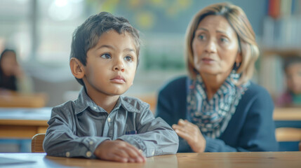 Obraz premium Woman teacher tutor helping child boy student with homework learning in classroom. Day care studies. Generative ai