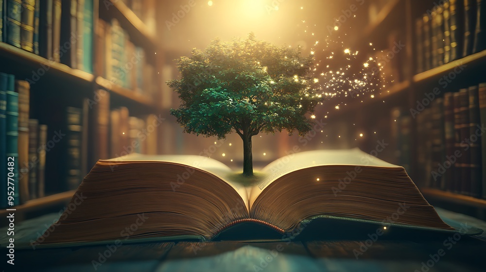 Poster a tree grows from an open book in a library with glowing particles.