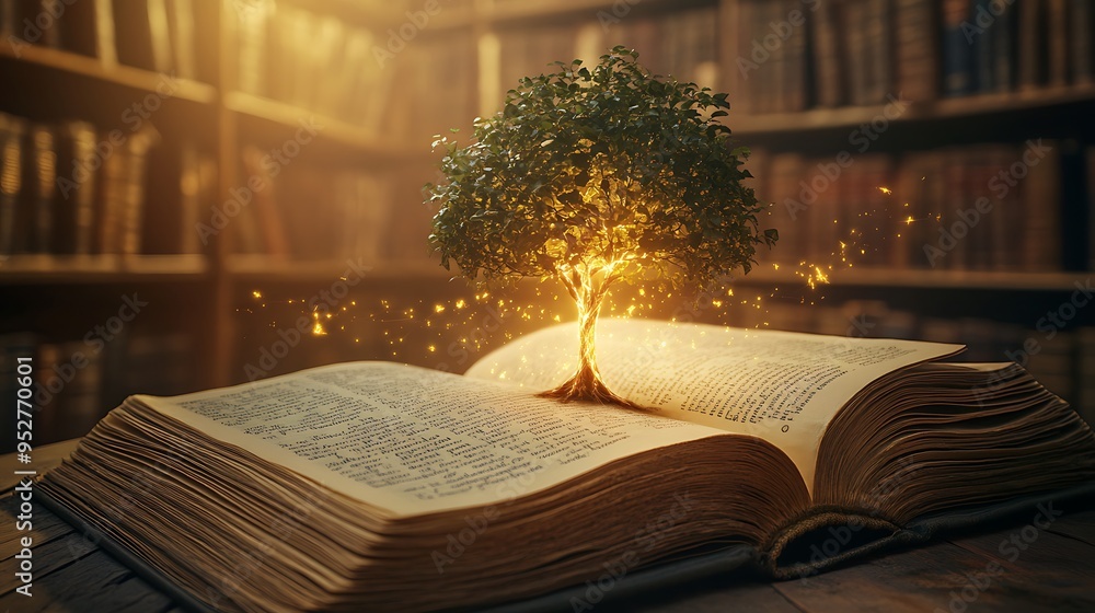 Poster a glowing tree grows from an open book, symbolizing knowledge and growth.
