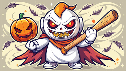 Ghost Pumpkin head with baseball bat. Set of Halloween silhouettes black icon and character. Vector illustration. Isolated on white background