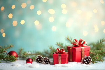 christmas and new year background - gift boxes and pine cones and branches on the background of bokeh garlands