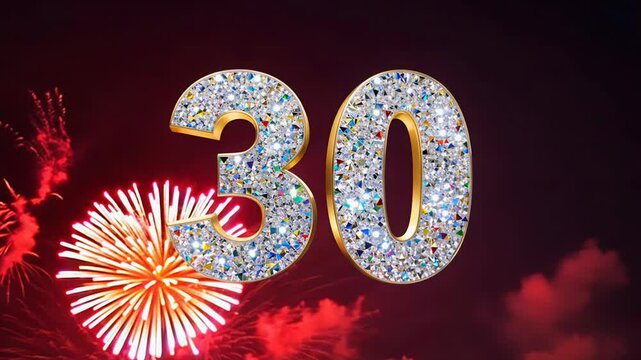 Dazzling crystal diamond number thirty 30 shines brightly against a contrasting dark backdrop. Fireworks in the background. For congratulations and anniversaries