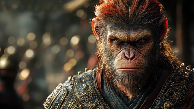 Anthropomorphic monkey king in armor with weapons on a black background