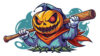 Ghost Pumpkin head with baseball bat. Set of Halloween silhouettes black icon and character. Vector illustration. Isolated on white background