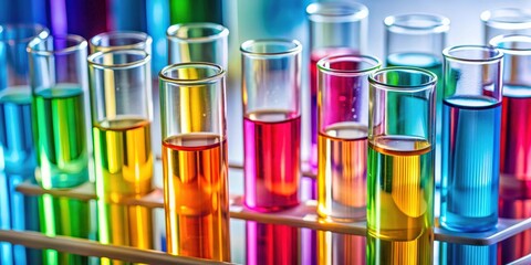 Close-up of analysis test-tubes in a laboratory setting with colorful liquids , science, chemistry, experiment