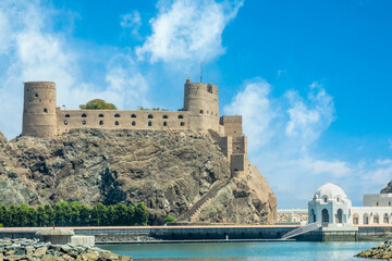 View to the arabian Al Jalali castle standing on the rocks, Muscat, Oman