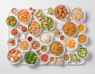 A white tray filled with various colorful bowls of food, including salads, rice dishes, fried snacks, and other small bites, perfect for a catered lunch or dinner.