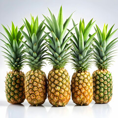Fototapeta premium a row of pineapples with green leaves with white background