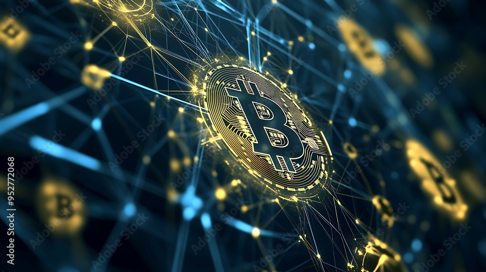Poster golden bitcoin symbol within a network of blue lines and glowing points