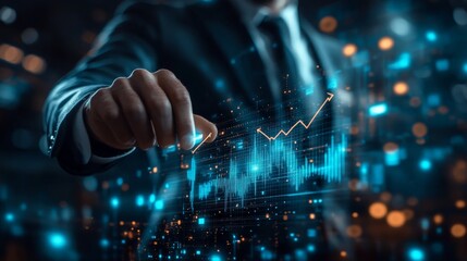 Businessman interacting with futuristic financial growth hologram
