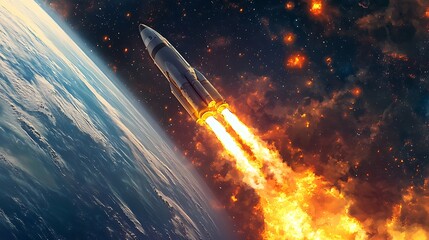 A Rocket Launches into Space with Fiery Exhaust Trails