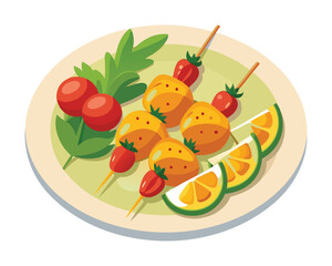 Chicken skewers with slices of sweet peppers and dill in plate in white background